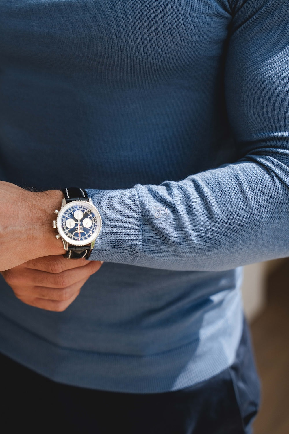 Extra Fine Merino Wool Crew Neck Sweater in Airforce Blue - TAILORED ATHLETE - USA