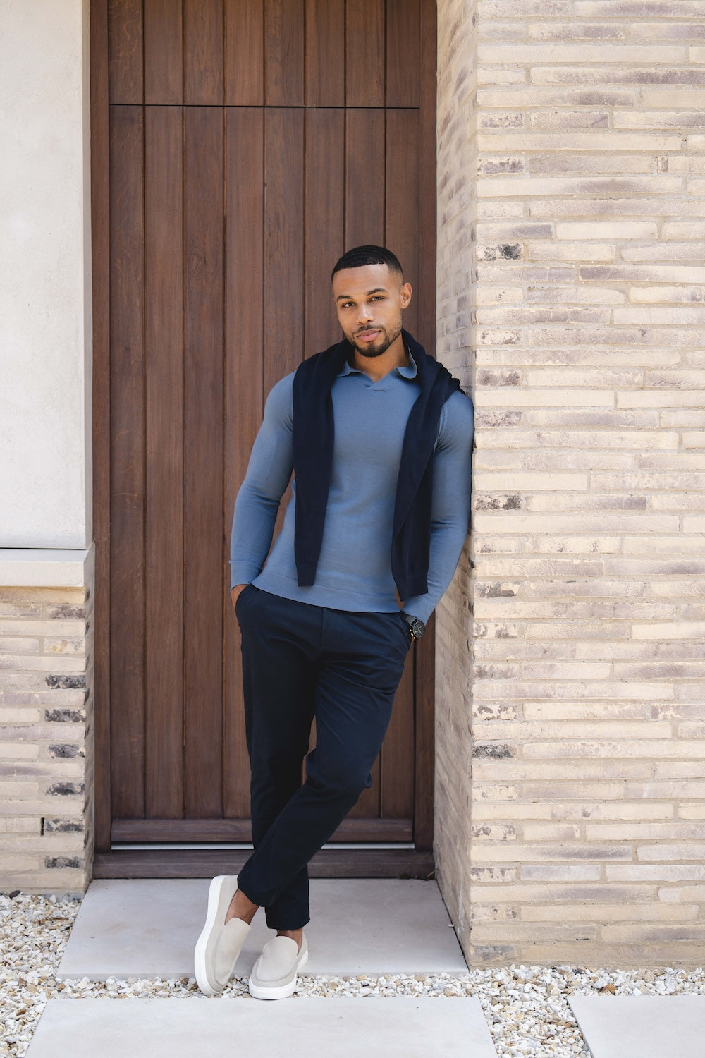 Extra Fine Merino Wool Open Collar Polo Shirt in Airforce Blue - TAILORED ATHLETE - USA