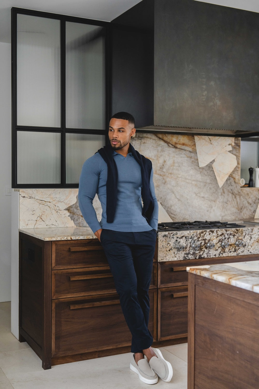 Extra Fine Merino Wool Open Collar Polo Shirt in Airforce Blue - TAILORED ATHLETE - USA