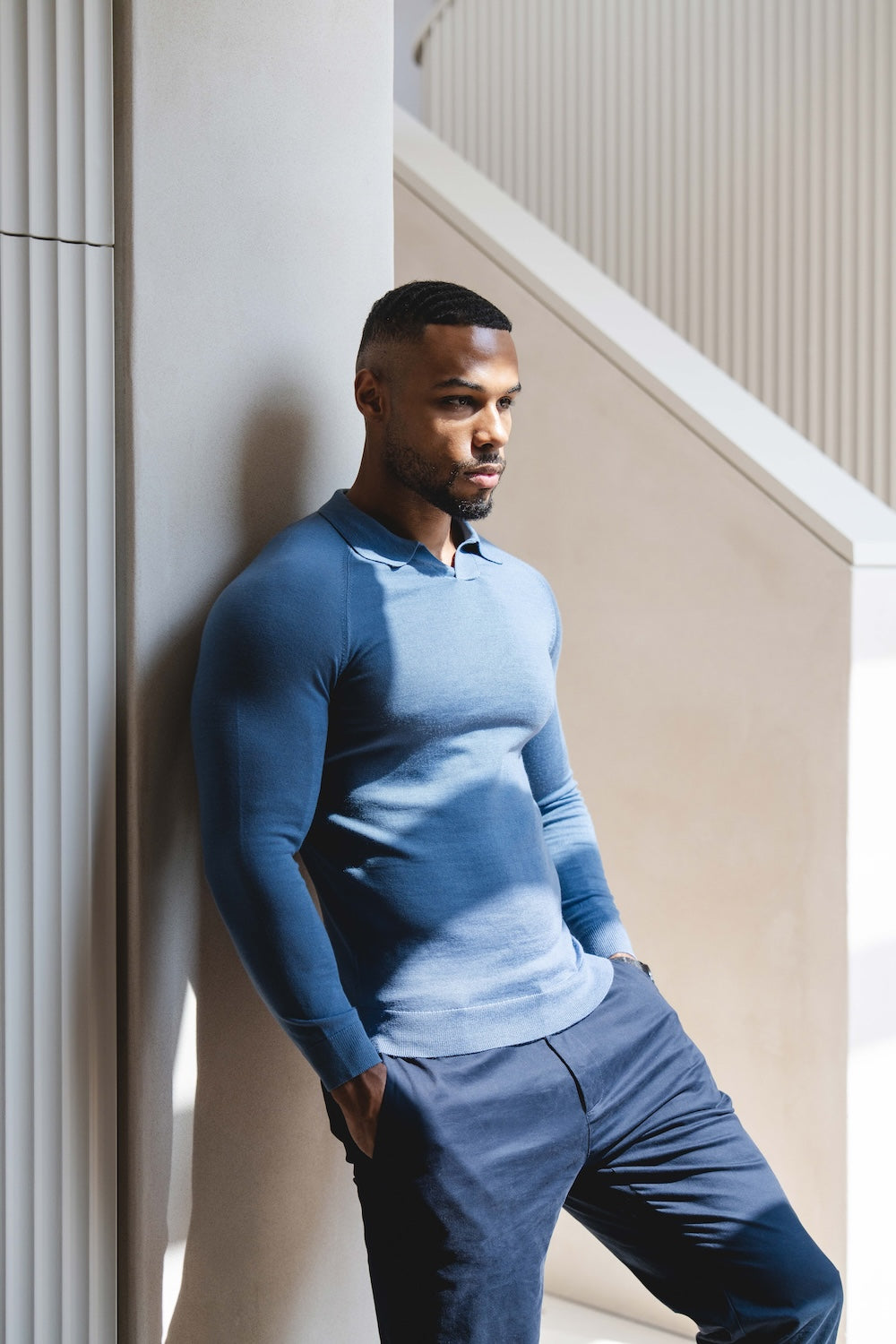 Extra Fine Merino Wool Open Collar Polo Shirt in Airforce Blue - TAILORED ATHLETE - USA