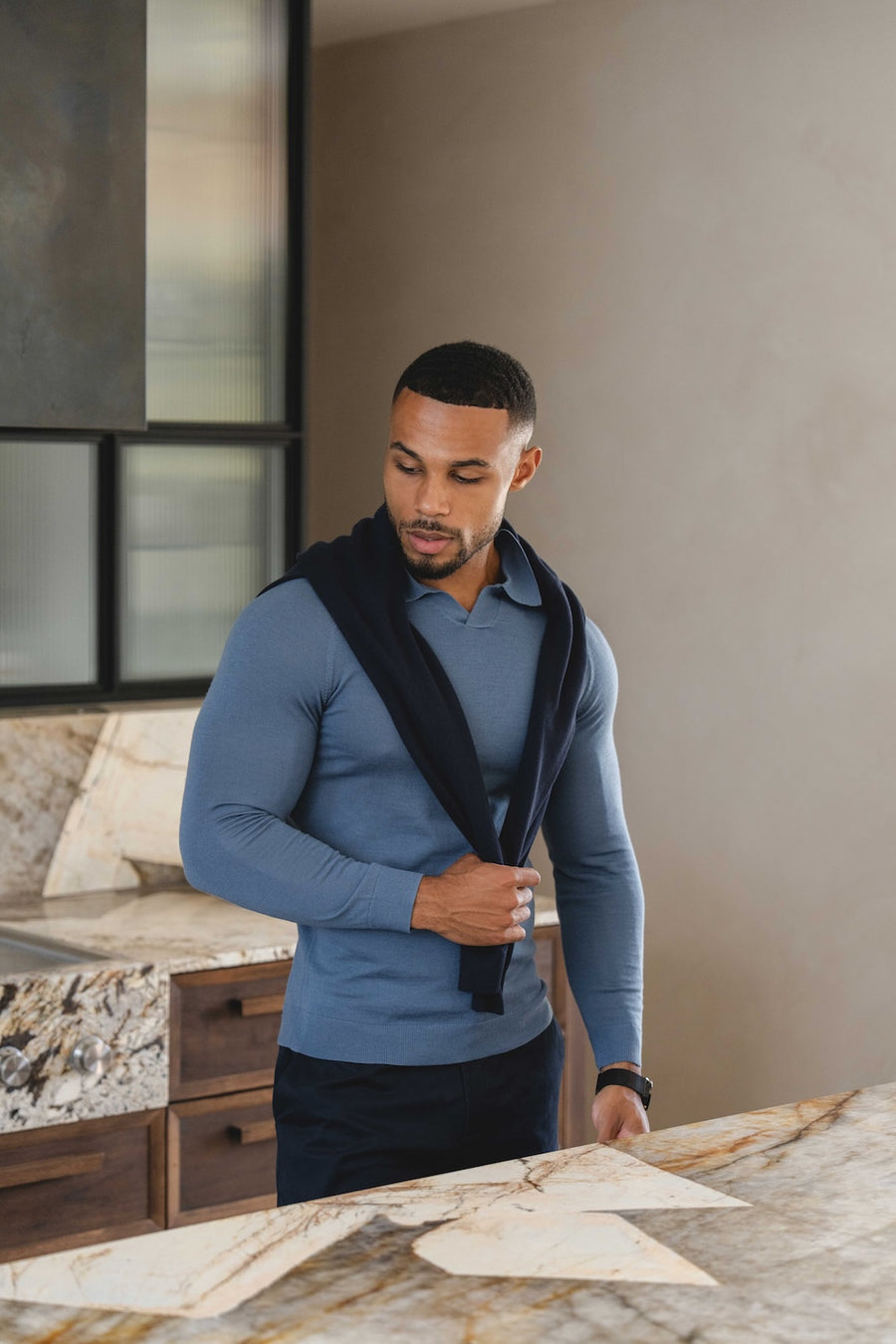 Extra Fine Merino Wool Open Collar Polo Shirt in Airforce Blue - TAILORED ATHLETE - USA