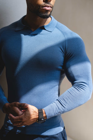Extra Fine Merino Wool Open Collar Polo Shirt in Airforce Blue - TAILORED ATHLETE - USA