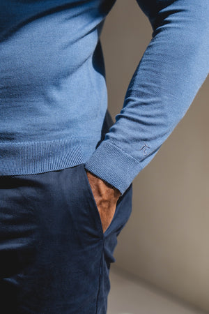 Extra Fine Merino Wool Open Collar Polo Shirt in Airforce Blue - TAILORED ATHLETE - USA