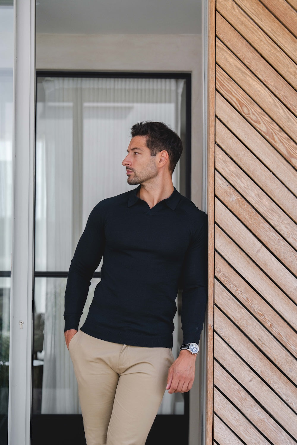 Extra Fine Merino Wool Open Collar Polo Shirt in Navy S Extra Fine Merino Wool Open Collar Polo Shirt in Navy S