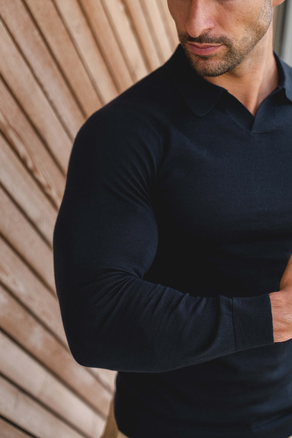 Extra Fine Merino Wool Open Collar Polo Shirt in Navy - TAILORED ATHLETE - USA