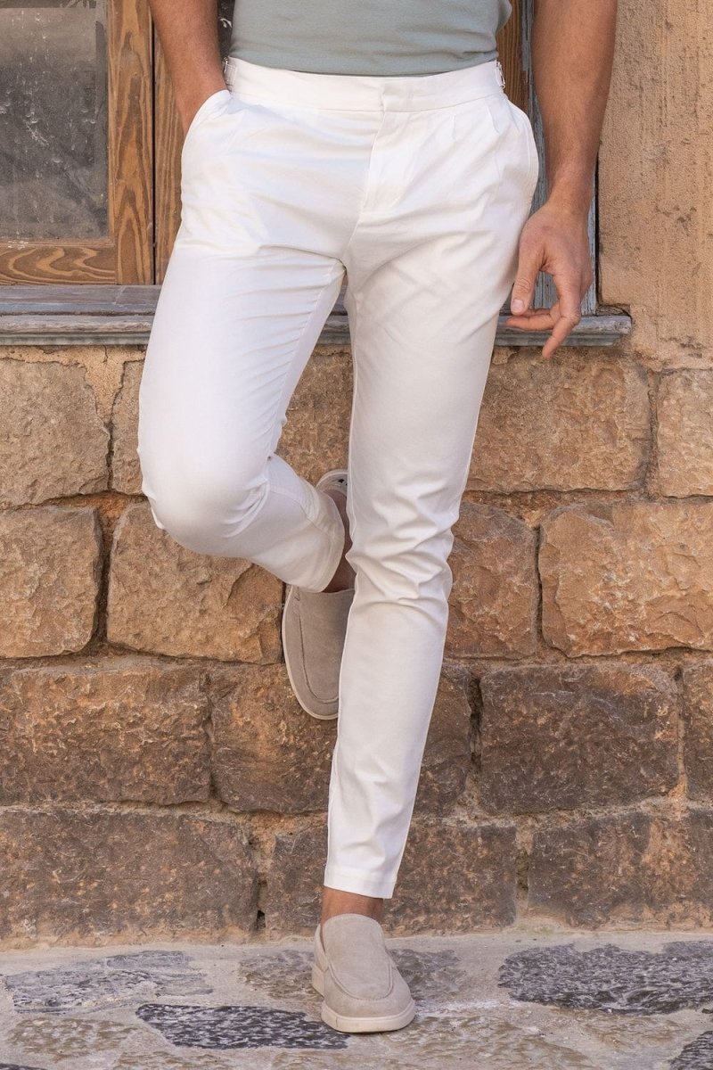 Smart Pleated Cotton Side Adjust Pants in White - TAILORED ATHLETE - USA