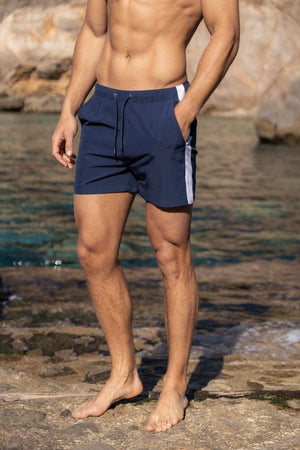 Bold Side Stripe Swim Shorts in Navy - TAILORED ATHLETE - USA