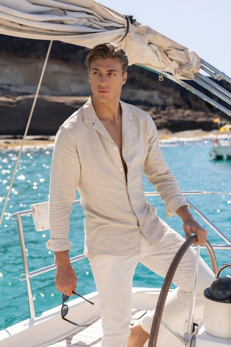 Stretch Linen Blend Cuban Collar Shirt in Stone - TAILORED ATHLETE - USA