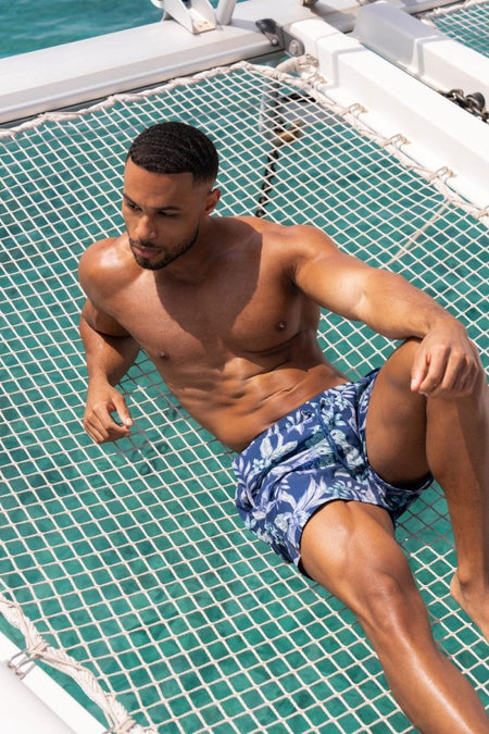 Printed Swim Short In Navy/Aqua Tropical Floral - TAILORED ATHLETE - USA