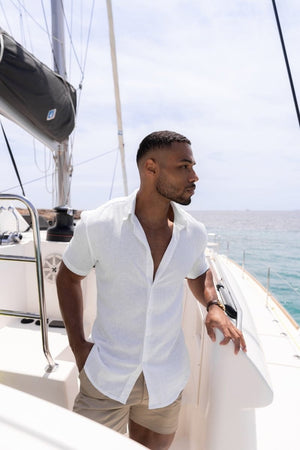 Stretch Linen Blend Button Through Shirt in White - TAILORED ATHLETE - USA