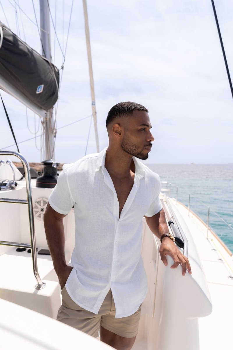 Linen Blend Button Through Shirt in White - TAILORED ATHLETE - USA