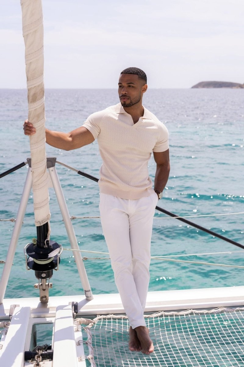 Fine Cable Knitted Polo Shirt in Ecru - TAILORED ATHLETE - USA