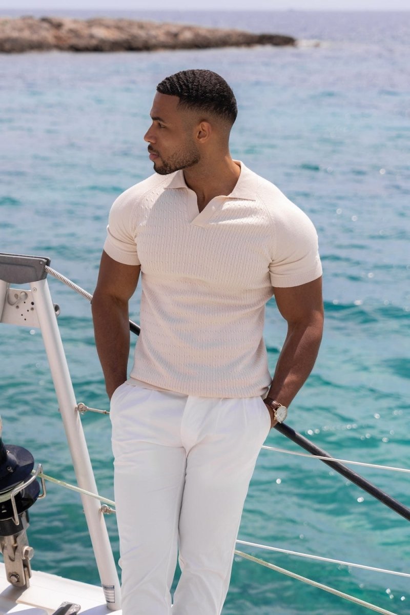Fine Cable Knitted Polo Shirt in Ecru - TAILORED ATHLETE - USA