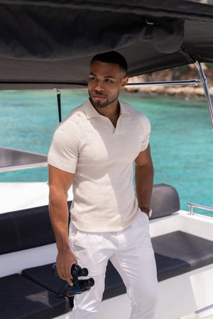 Fine Cable Knitted Polo Shirt in Ecru - TAILORED ATHLETE - USA