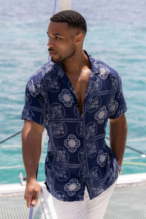 palm dress shirt Short Sleeve Dress Shirt with Palm Print NAVY / 3X