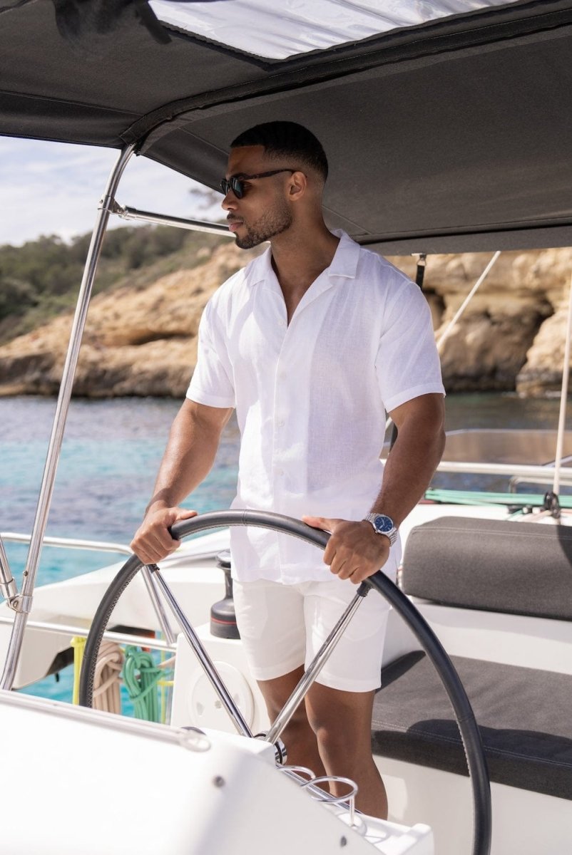 Linen Blend Cuban Collar Shirt in White - TAILORED ATHLETE - USA