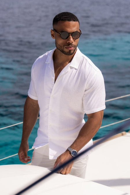 Stretch Linen Blend Cuban Collar Shirt in White - TAILORED ATHLETE - USA