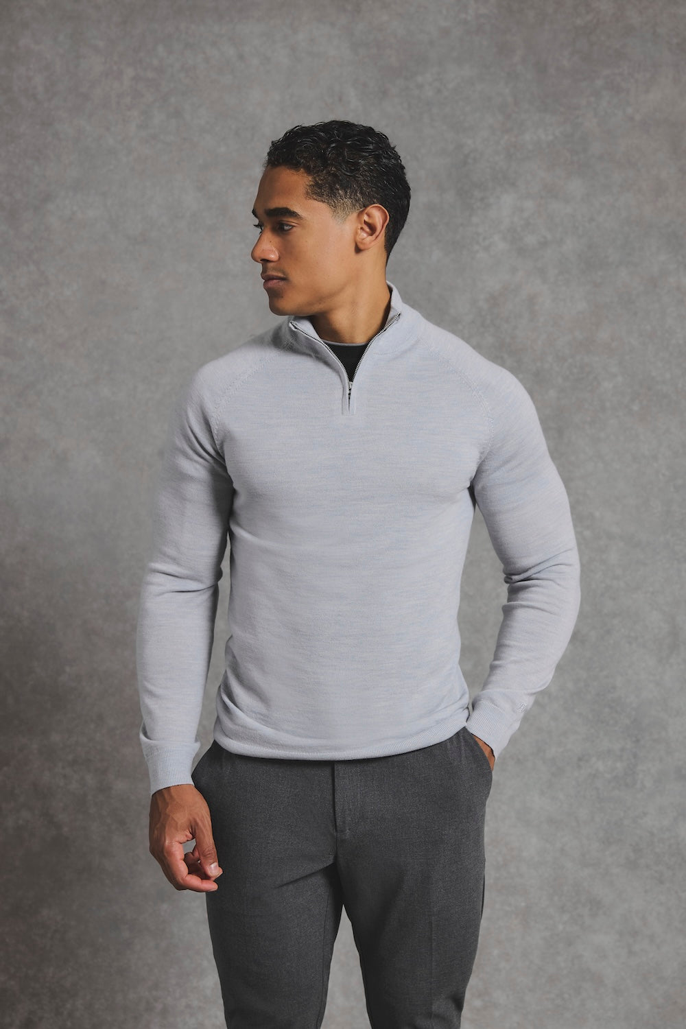 Extra Fine Merino Wool Half Zip Neck Sweater in Dove Grey - TAILORED ATHLETE - USA