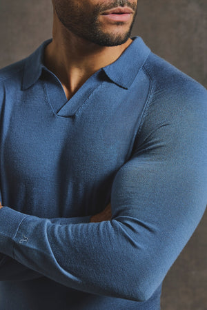 Extra Fine Merino Wool Open Collar Polo Shirt in Airforce Blue - TAILORED ATHLETE - USA