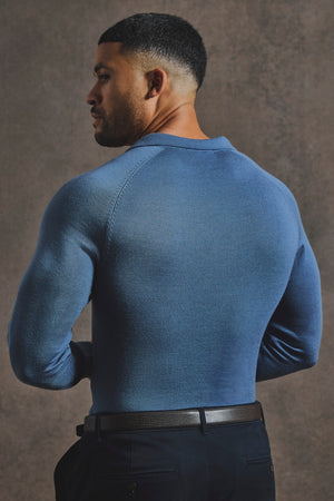 Extra Fine Merino Wool Open Collar Polo Shirt in Airforce Blue - TAILORED ATHLETE - USA