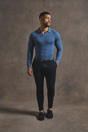 Extra Fine Merino Wool Open Collar Polo Shirt in Airforce Blue - TAILORED ATHLETE - USA