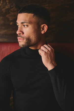 Extra Fine Merino Wool Roll Neck Sweater in Black - TAILORED ATHLETE - USA
