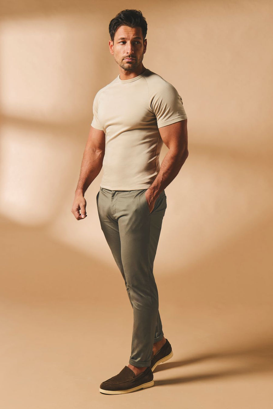 Athletic Fit Cotton Stretch Chino Pants in Soft Khaki - TAILORED ATHLETE - USA