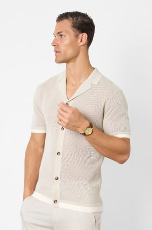 Open Stitch Cuban Collar Knitted Shirt in Stone - TAILORED ATHLETE - USA