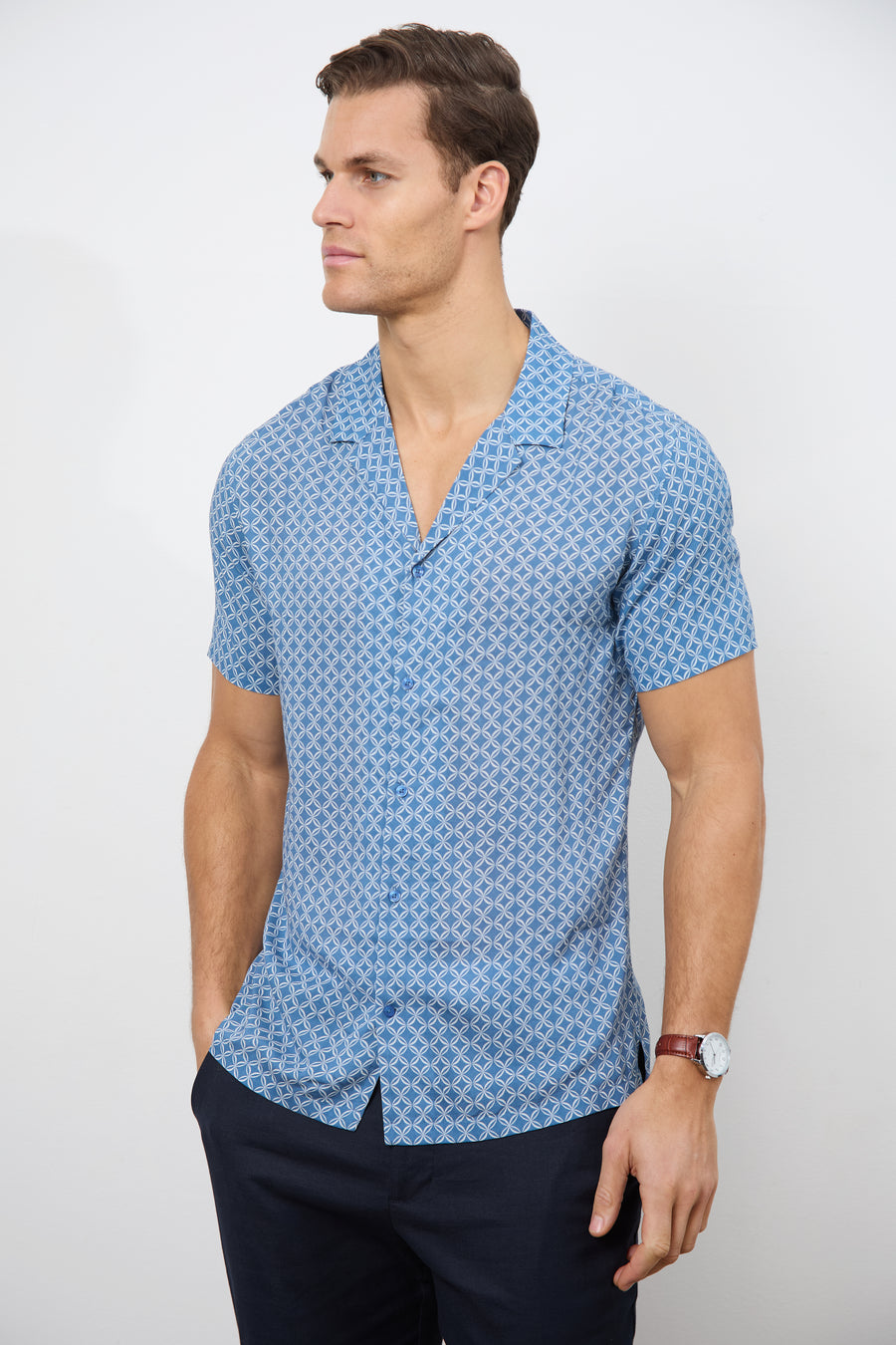 Printed Shirt in Slate Blue/White Circle Geo - TAILORED ATHLETE - USA