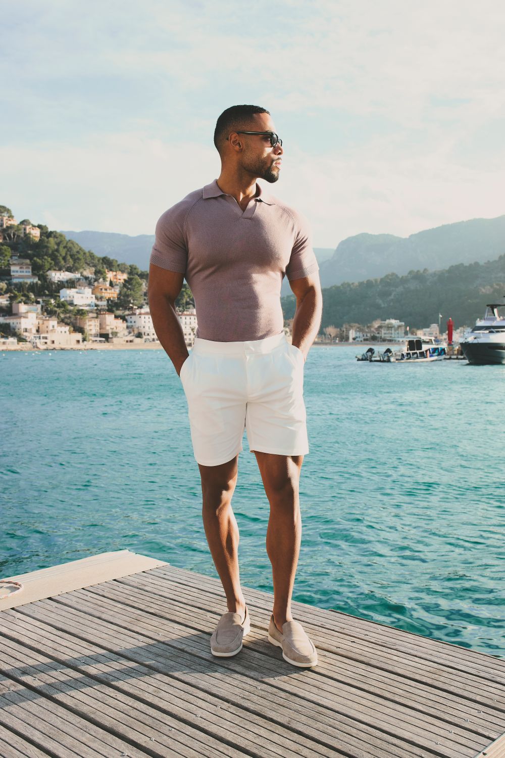 Open Collar Knitted Polo Shirt in Dusty Rose - TAILORED ATHLETE - USA