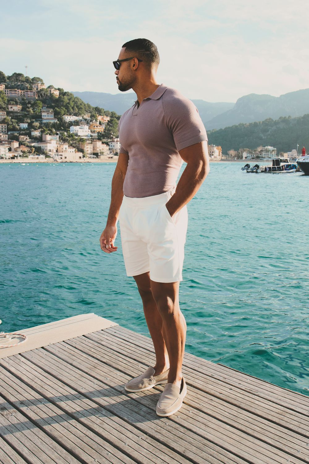Open Collar Knitted Polo Shirt in Dusty Rose - TAILORED ATHLETE - USA