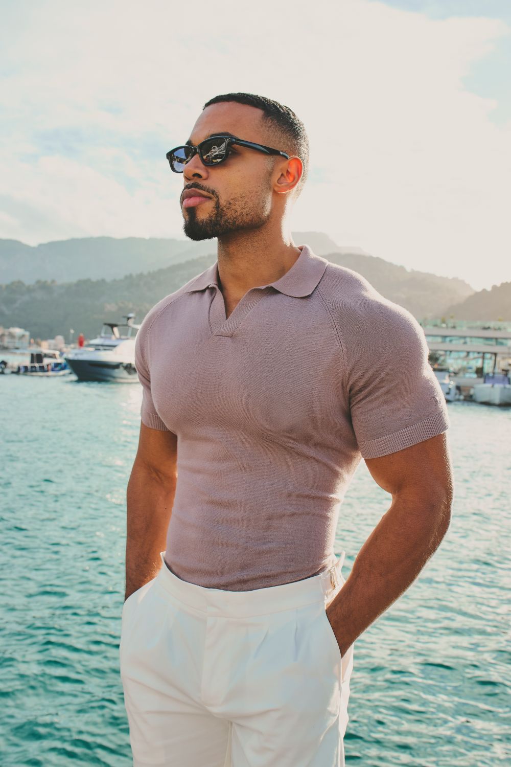 Open Collar Knitted Polo Shirt in Dusty Rose - TAILORED ATHLETE - USA