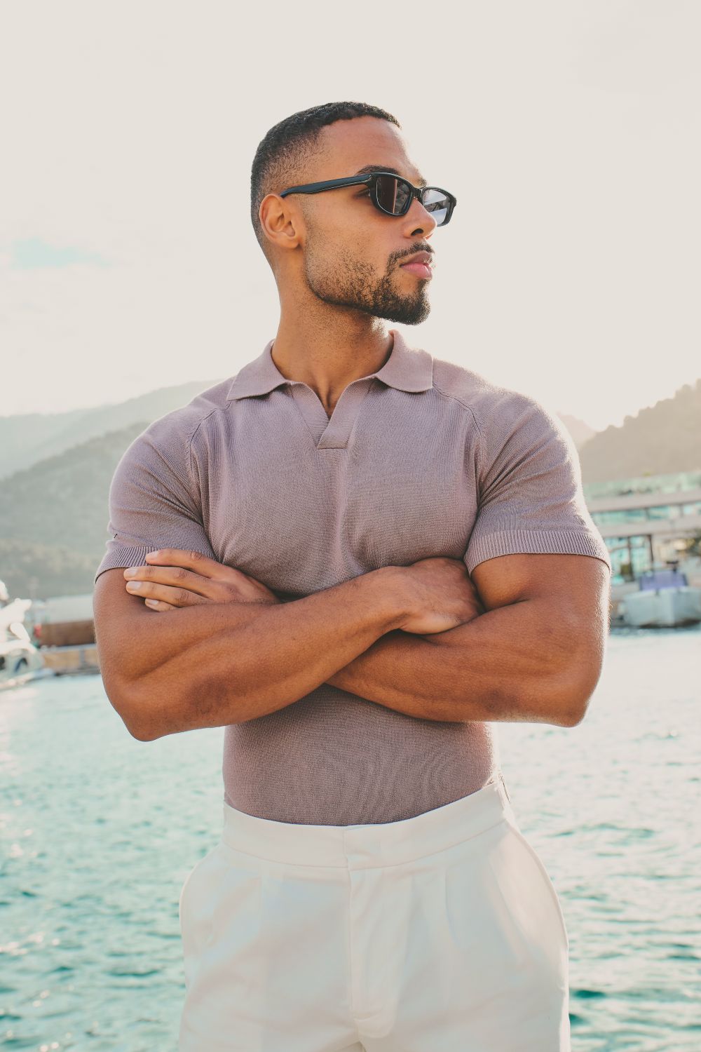 Open Collar Knitted Polo Shirt in Dusty Rose - TAILORED ATHLETE - USA