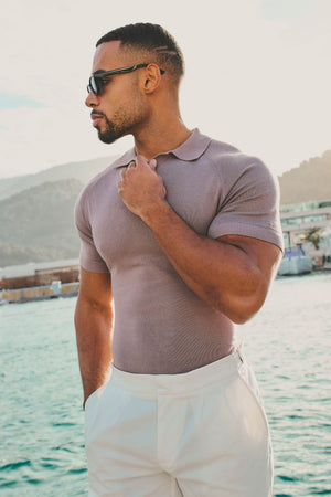 Open Collar Knitted Polo Shirt in Dusty Rose - TAILORED ATHLETE - USA