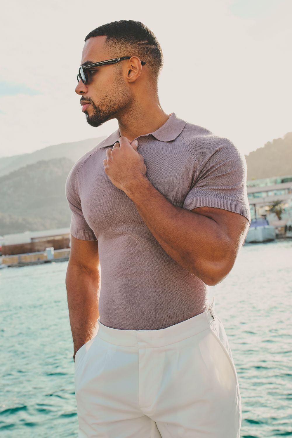 Open Collar Knitted Polo Shirt in Dusty Rose - TAILORED ATHLETE - USA