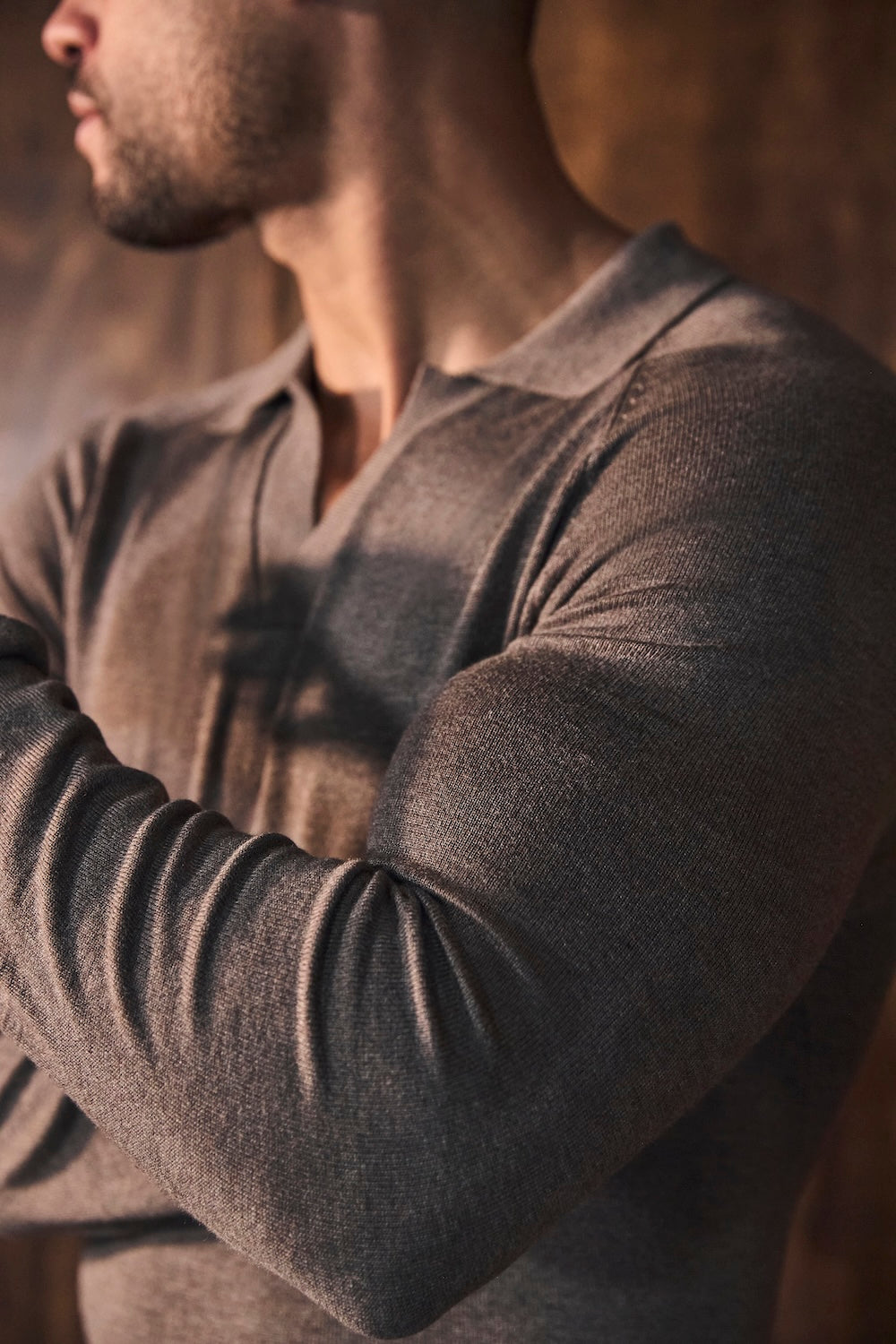 Open Collar Knitted Polo Shirt in Brown Marl - TAILORED ATHLETE - USA