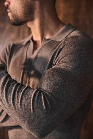 Open Collar Knitted Polo Shirt in Brown Marl - TAILORED ATHLETE - USA