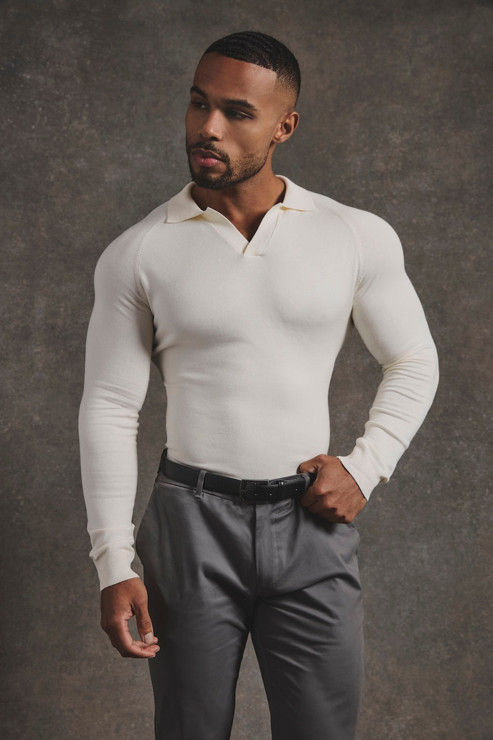 Open Collar Knitted Polo Shirt in Winter White, M Open Collar Knitted Polo Shirt in Winter White, M
