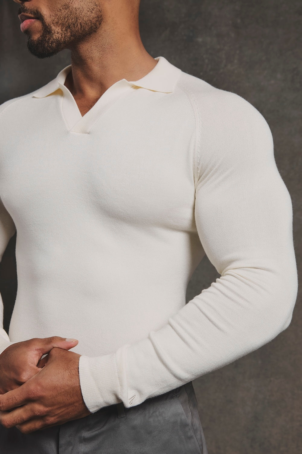 Open Collar Knitted Polo Shirt in Winter White - TAILORED ATHLETE - USA