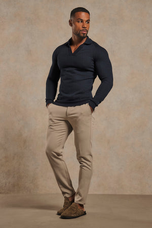 Textured Buttonless Polo Shirt in Navy