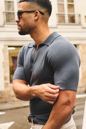 Textured Knitted Open Collar Polo Shirt in Slate Blue - TAILORED ATHLETE - USA