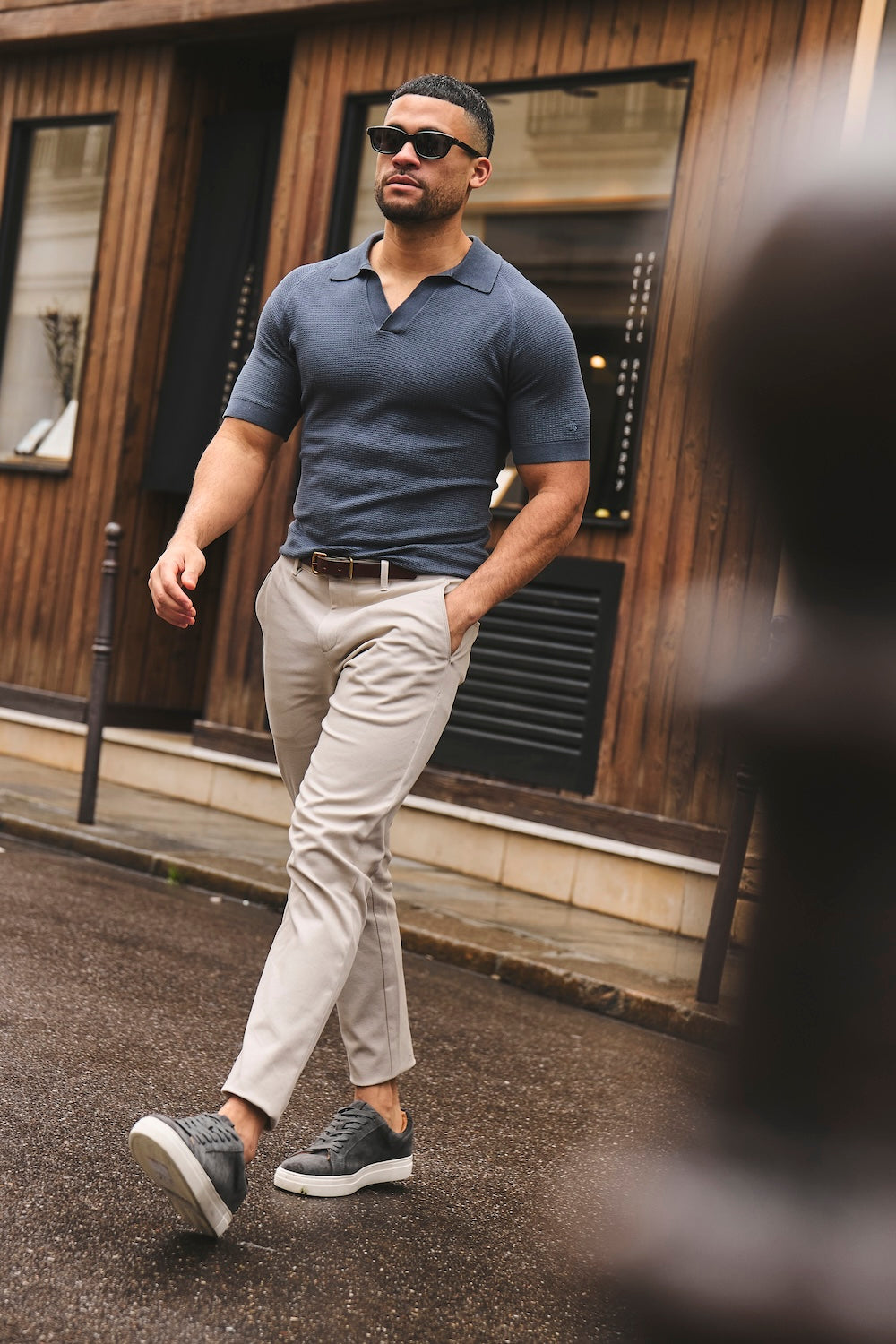 Textured Knitted Open Collar Polo Shirt in Slate Blue - TAILORED ATHLETE - USA