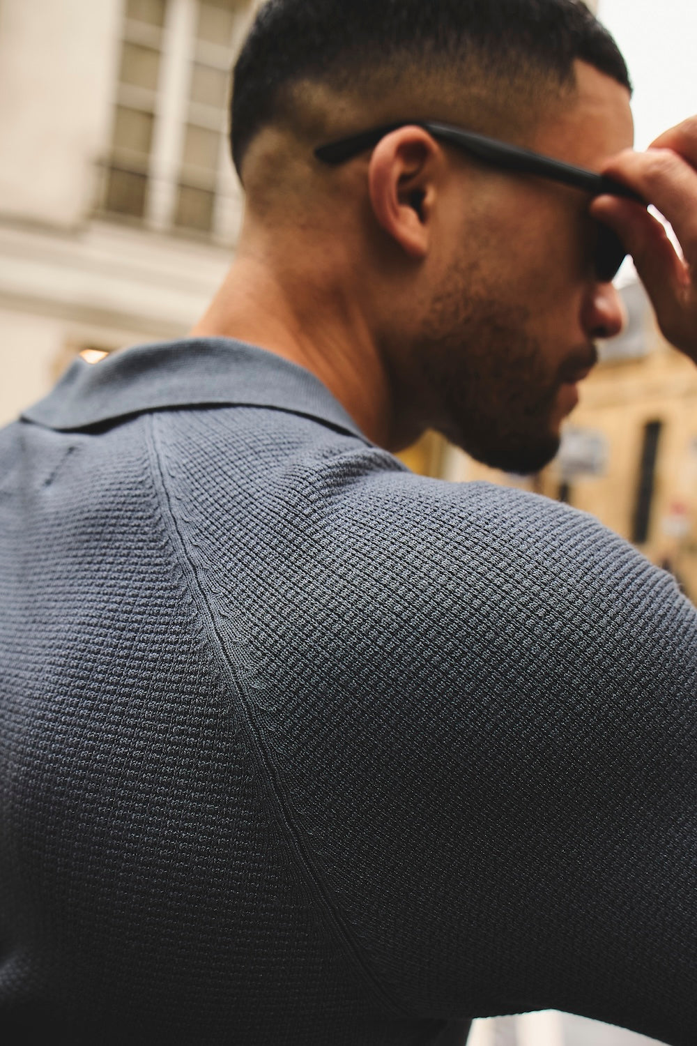Textured Knitted Open Collar Polo Shirt in Slate Blue - TAILORED ATHLETE - USA