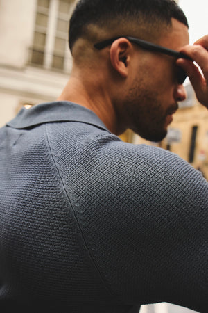 Textured Knitted Open Collar Polo Shirt in Slate Blue - TAILORED ATHLETE - USA