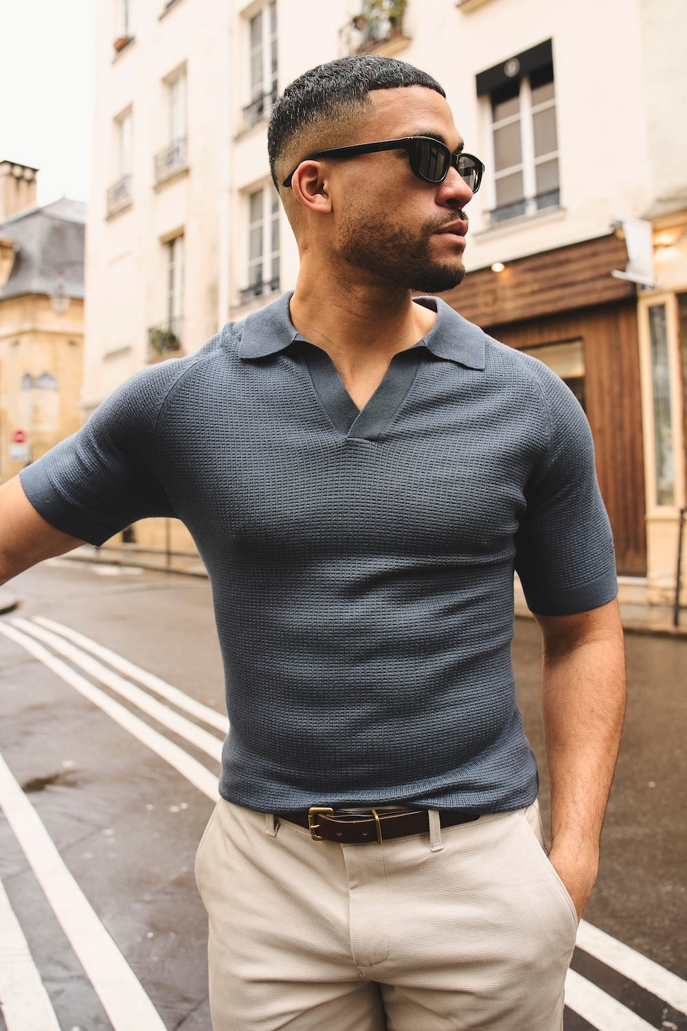 Textured Knitted Open Collar Polo Shirt in Slate Blue - TAILORED ATHLETE - USA