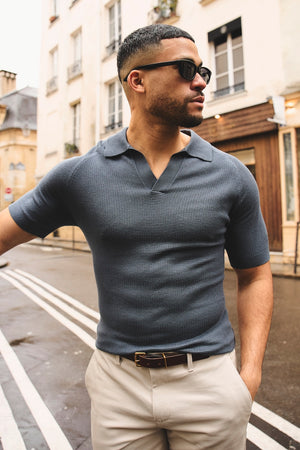 Textured Knitted Open Collar Polo Shirt in Slate Blue - TAILORED ATHLETE - USA