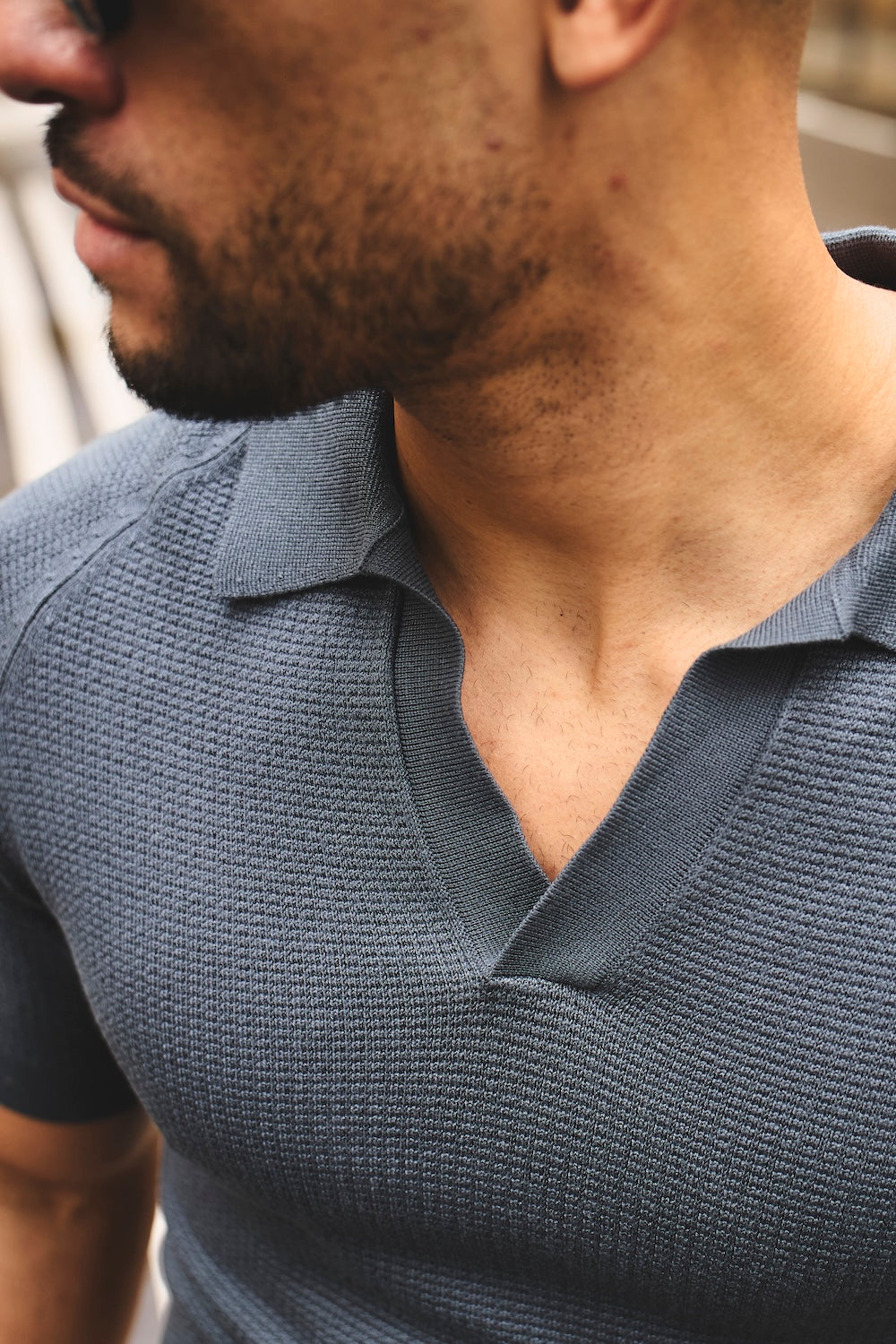 Textured Knitted Open Collar Polo Shirt in Slate Blue - TAILORED ATHLETE - USA