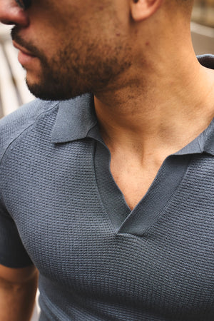 Textured Knitted Open Collar Polo Shirt in Slate Blue - TAILORED ATHLETE - USA