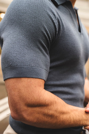 Textured Knitted Open Collar Polo Shirt in Slate Blue - TAILORED ATHLETE - USA
