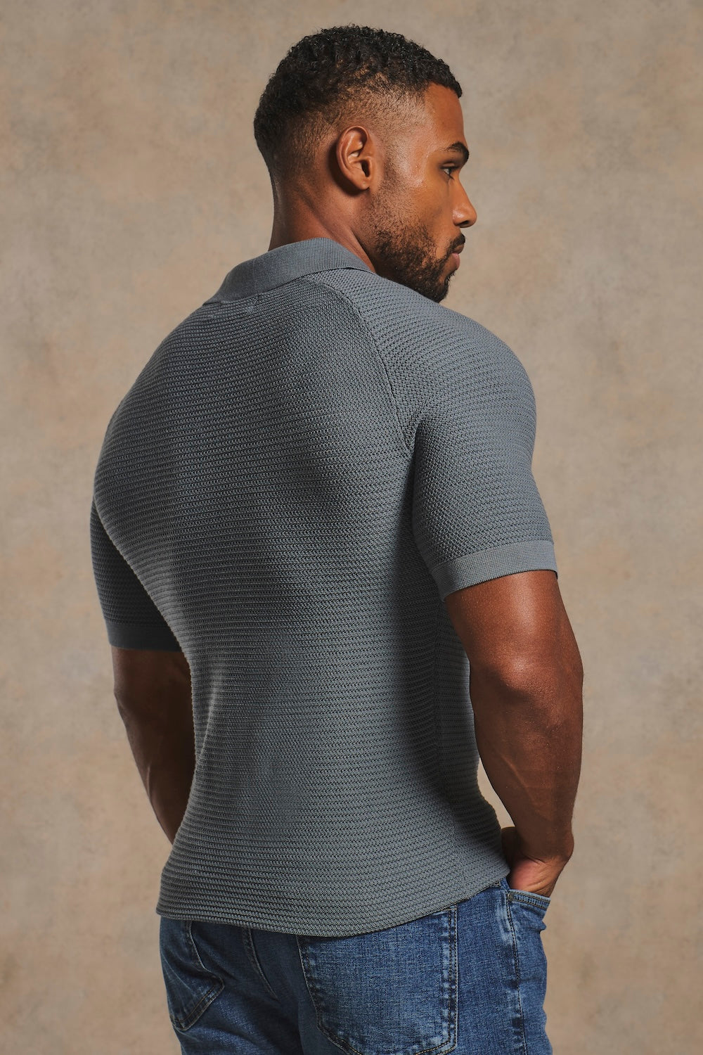 Textured Knitted Open Collar Polo Shirt in Dark Graphite